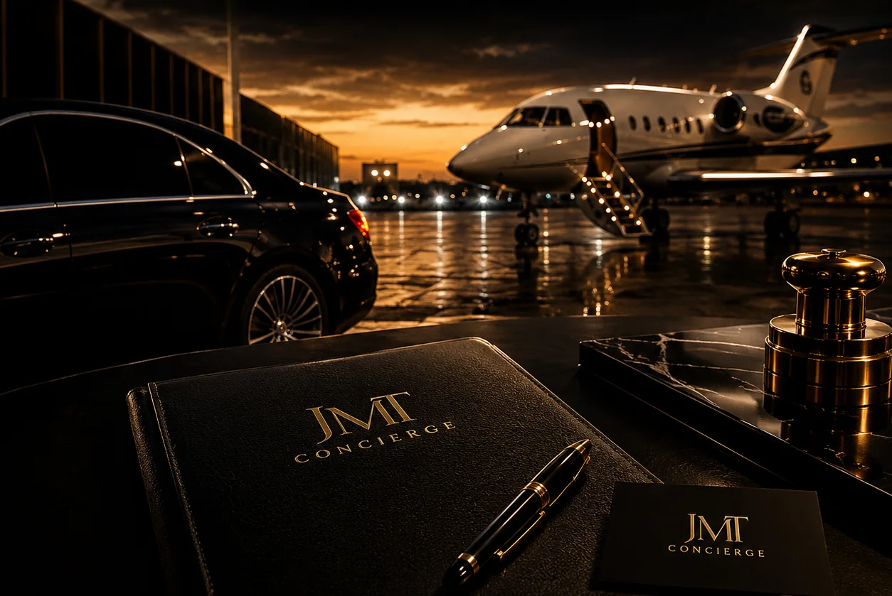 Chauffeur car and private jet on the tarmac at sunset, with a JMT Concierge notebook, pen and business card in the foreground